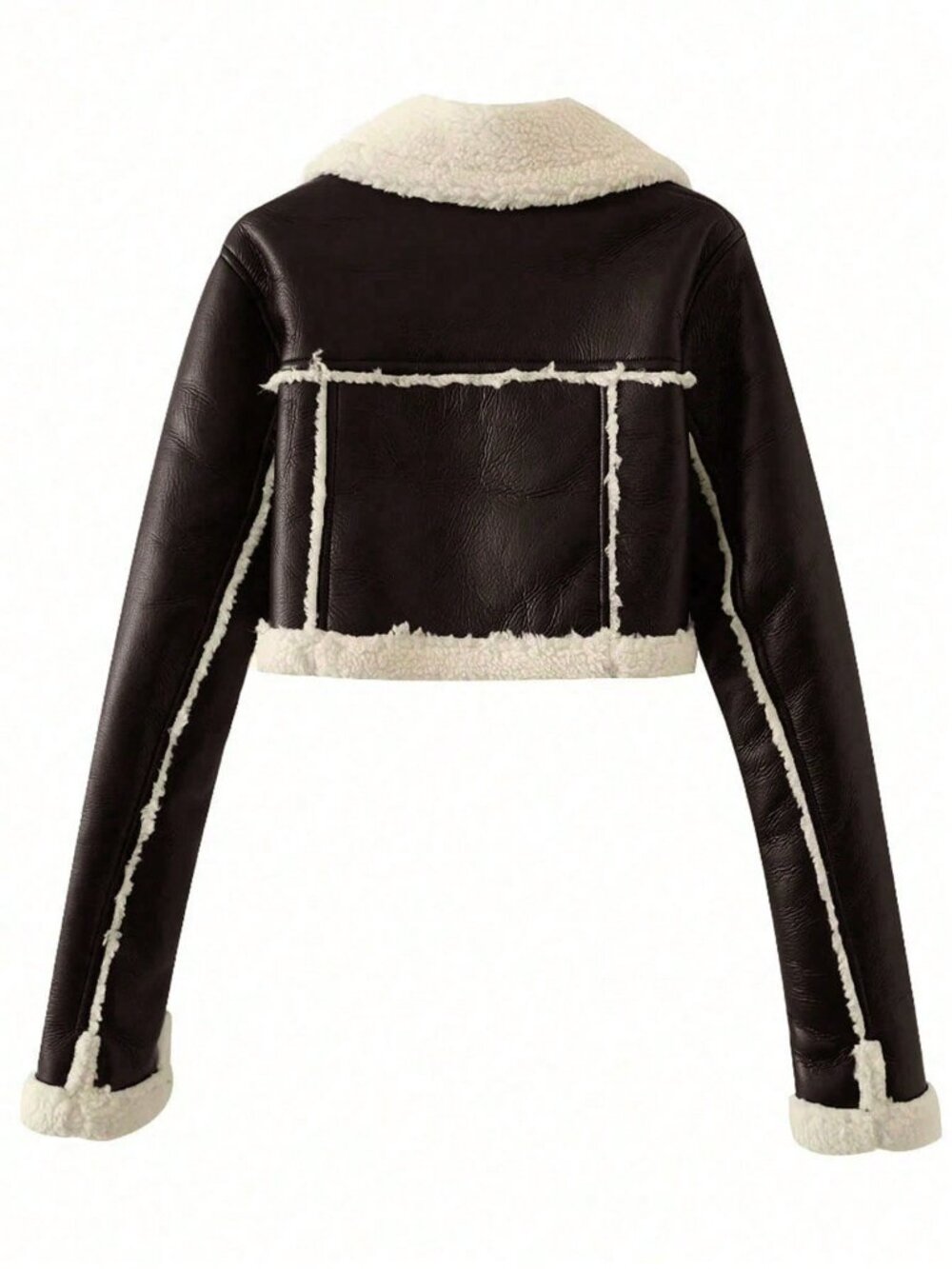 Brown Casual Women's Teddy Fleece Lined faux fur cropped Motorcycle Jacket - Picture 3 of 9